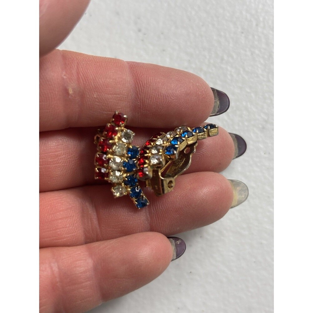 Rhinestone-  Clip on - Earrings - Americana Red White Blue Patriotic - Vintage